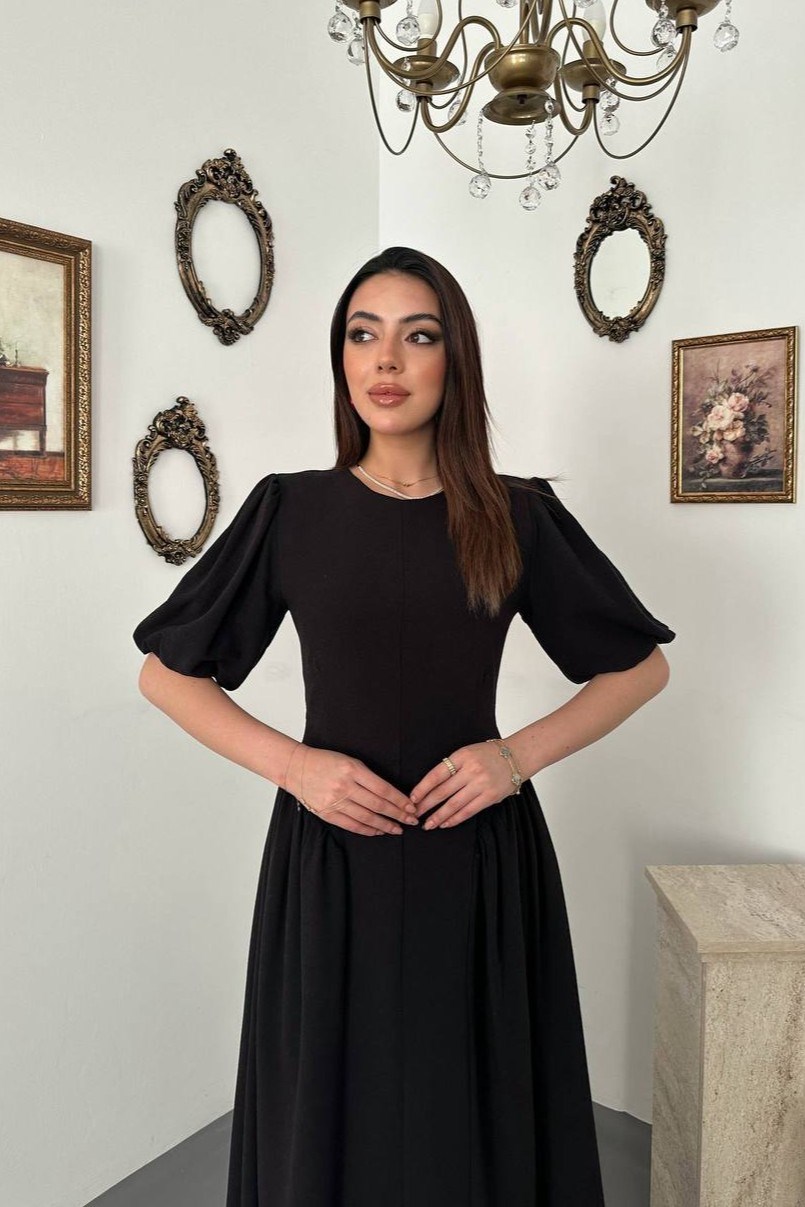Wholesale Black Lantern-Sleeve Linen Dress