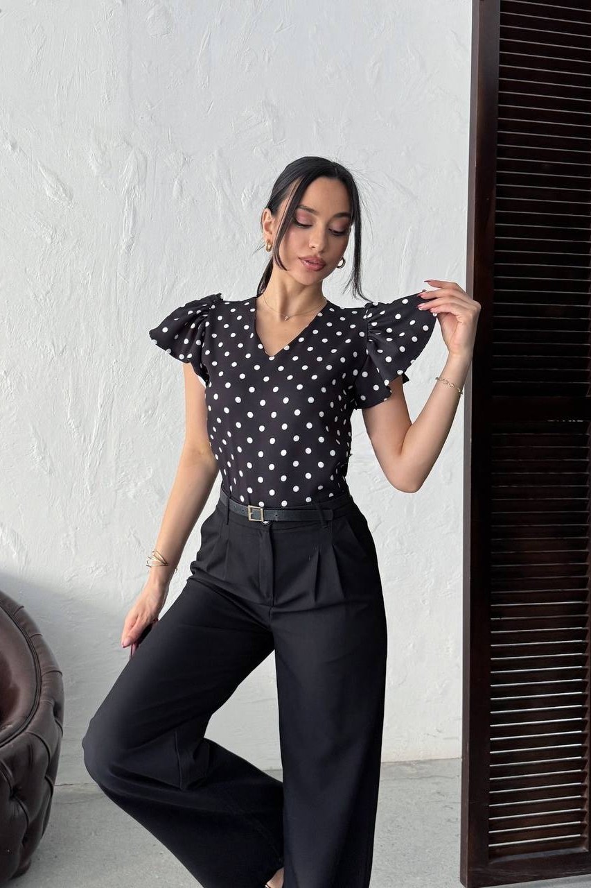 Wholesale Black Polka Dot Puff Shoulder Blouse