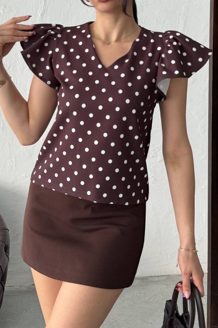 Wholesale Brown Polka Dot Puff Shoulder Blouse
