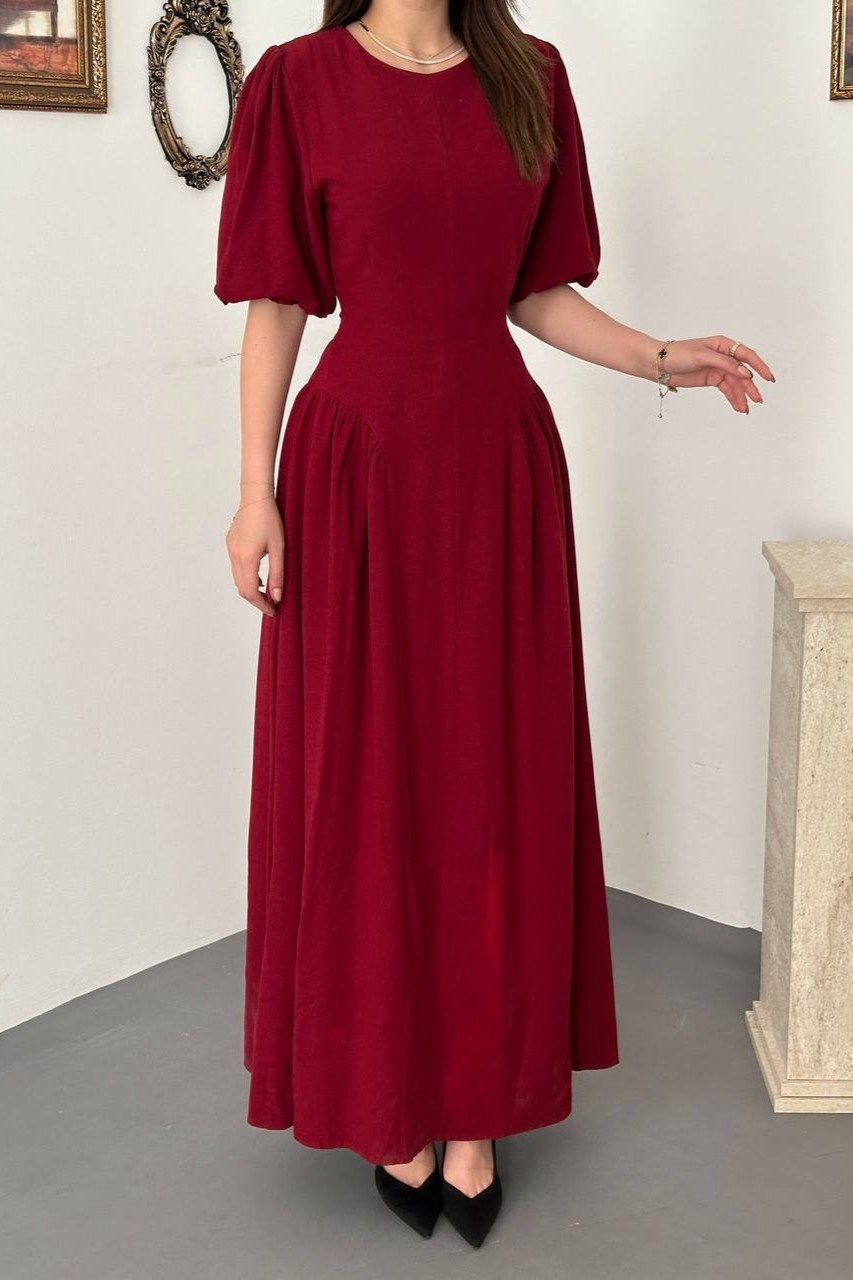 Wholesale Burgundy Lantern-Sleeve Linen Dress