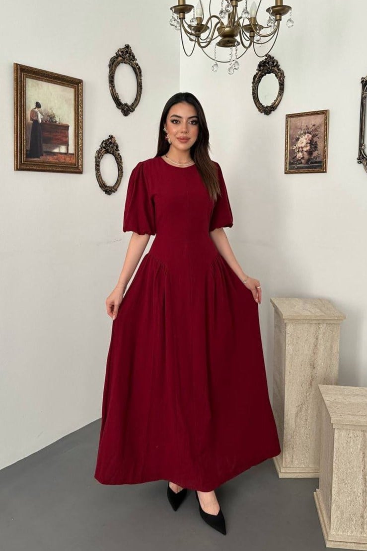 Wholesale Burgundy Lantern-Sleeve Linen Dress
