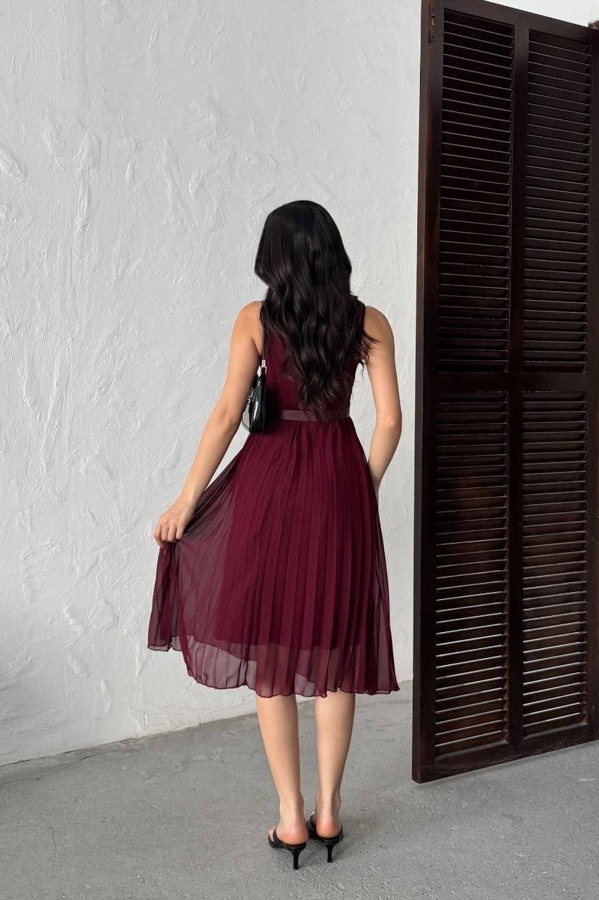 Wholesale Burgundy Pleated Chiffon Dress with Belt