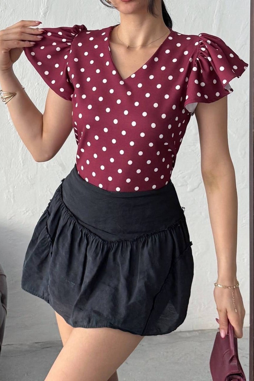 Wholesale Burgundy Polka Dot Puff Shoulder Blouse