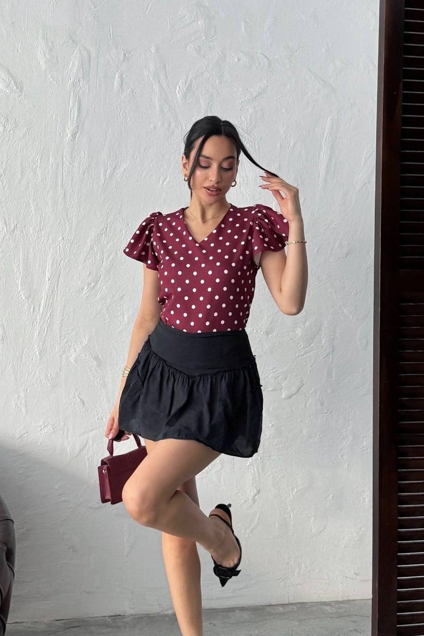 Wholesale Burgundy Polka Dot Puff Shoulder Blouse