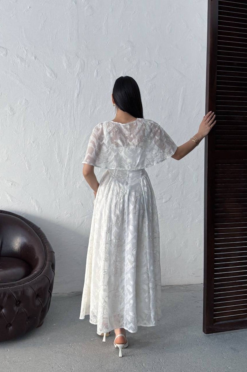 Wholesale Ecru Jacquard Organza Dress with Overlay