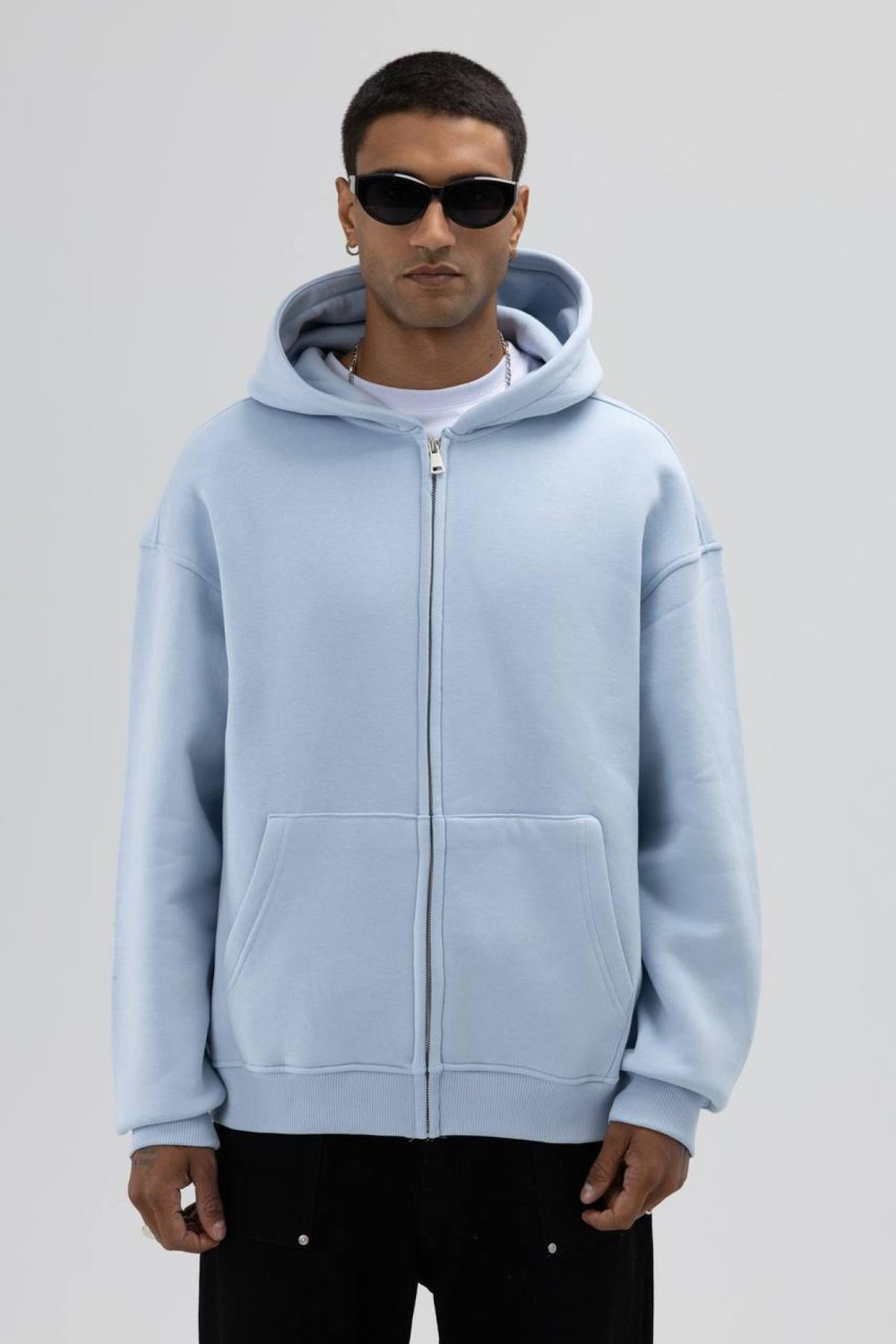Wholesale Men Light Blue Zip-Up Hoodie