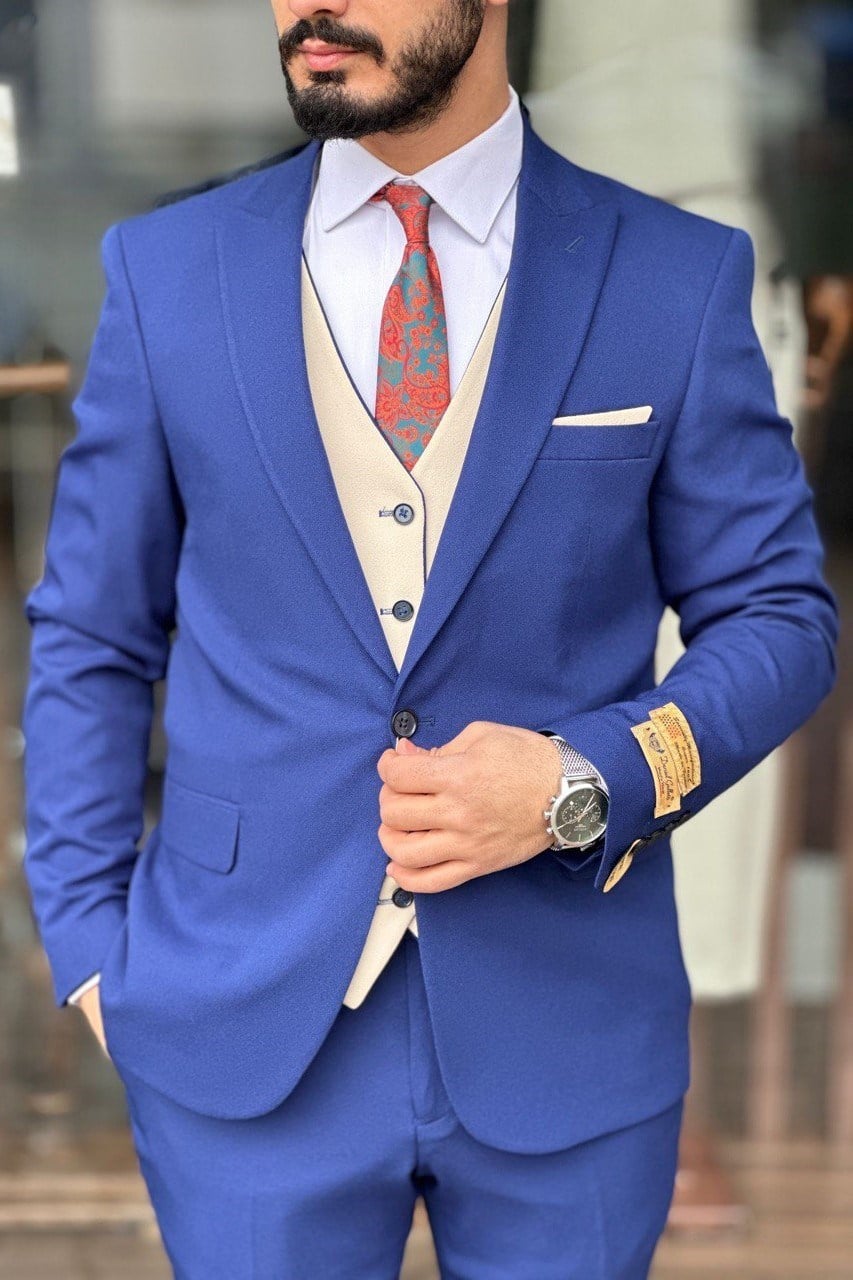 Wholesale Men's Azure Blue Plus Size Three-Piece Suit 1744W26-033