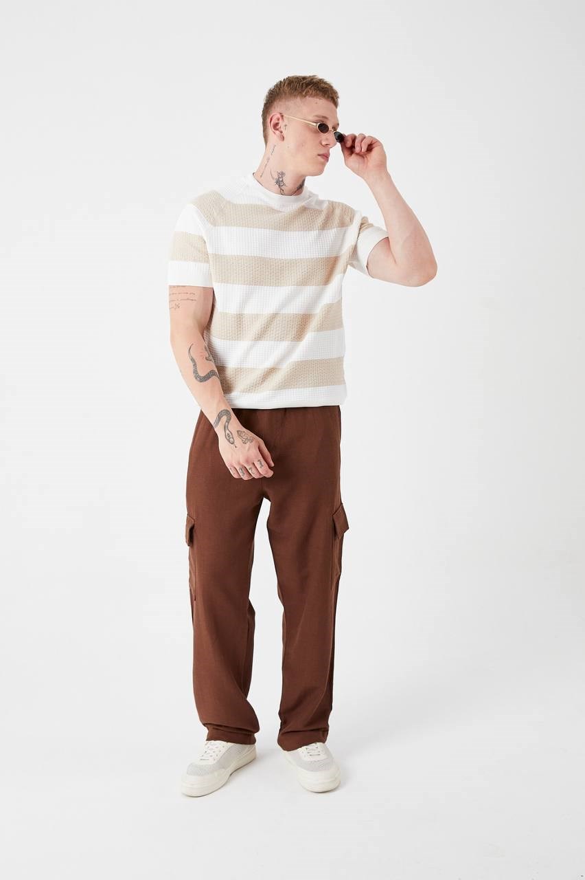 Wholesale Mens Beige Knit Crew-Neck T-Shirt
