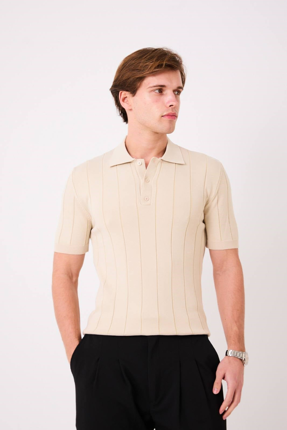 Wholesale Mens Beige Knit Polo T-Shirt