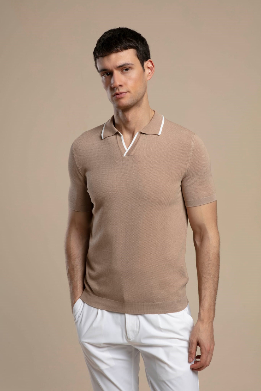 Wholesale Mens Beige Knit Polo T-Shirt