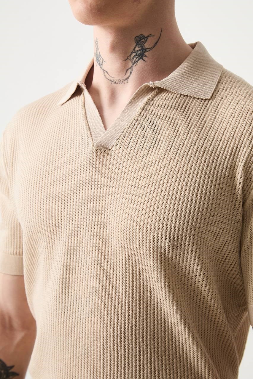 Wholesale Mens Beige Knit Polo T-Shirt