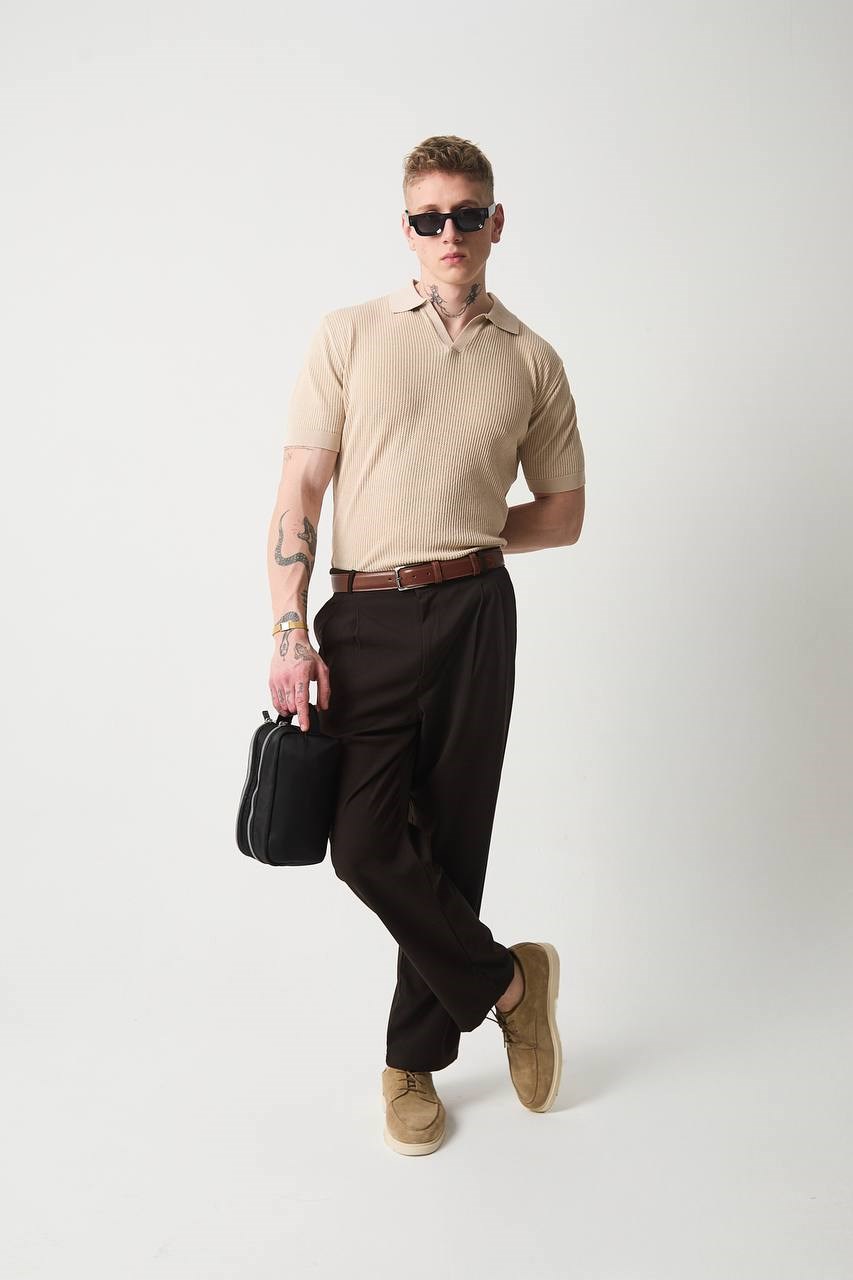 Wholesale Mens Beige Knit Polo T-Shirt