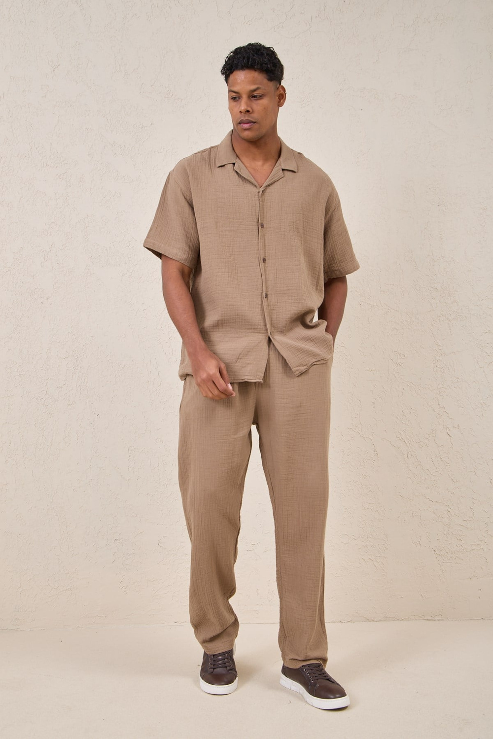 Wholesale Mens Beige Muslin Baggy Sweatpants
