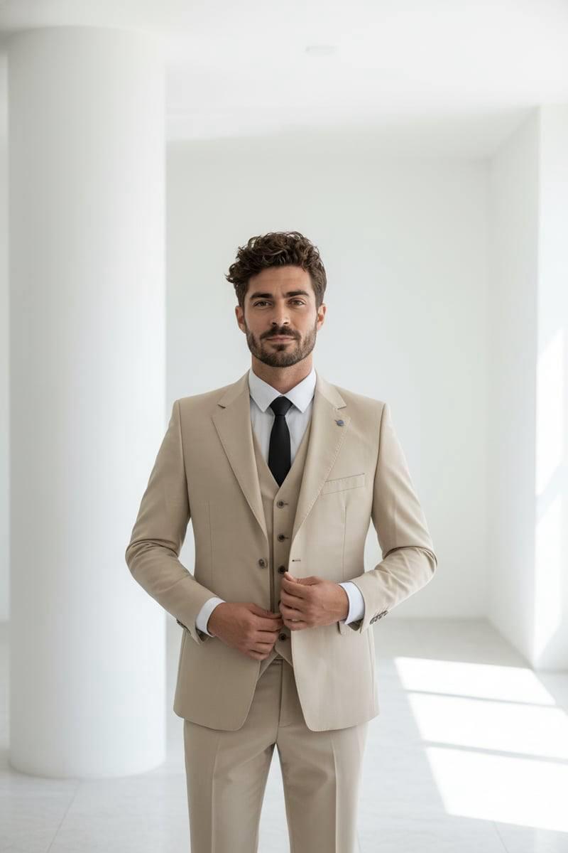 Wholesale Men's BeigeThree-Piece Suit 1701W26-025
