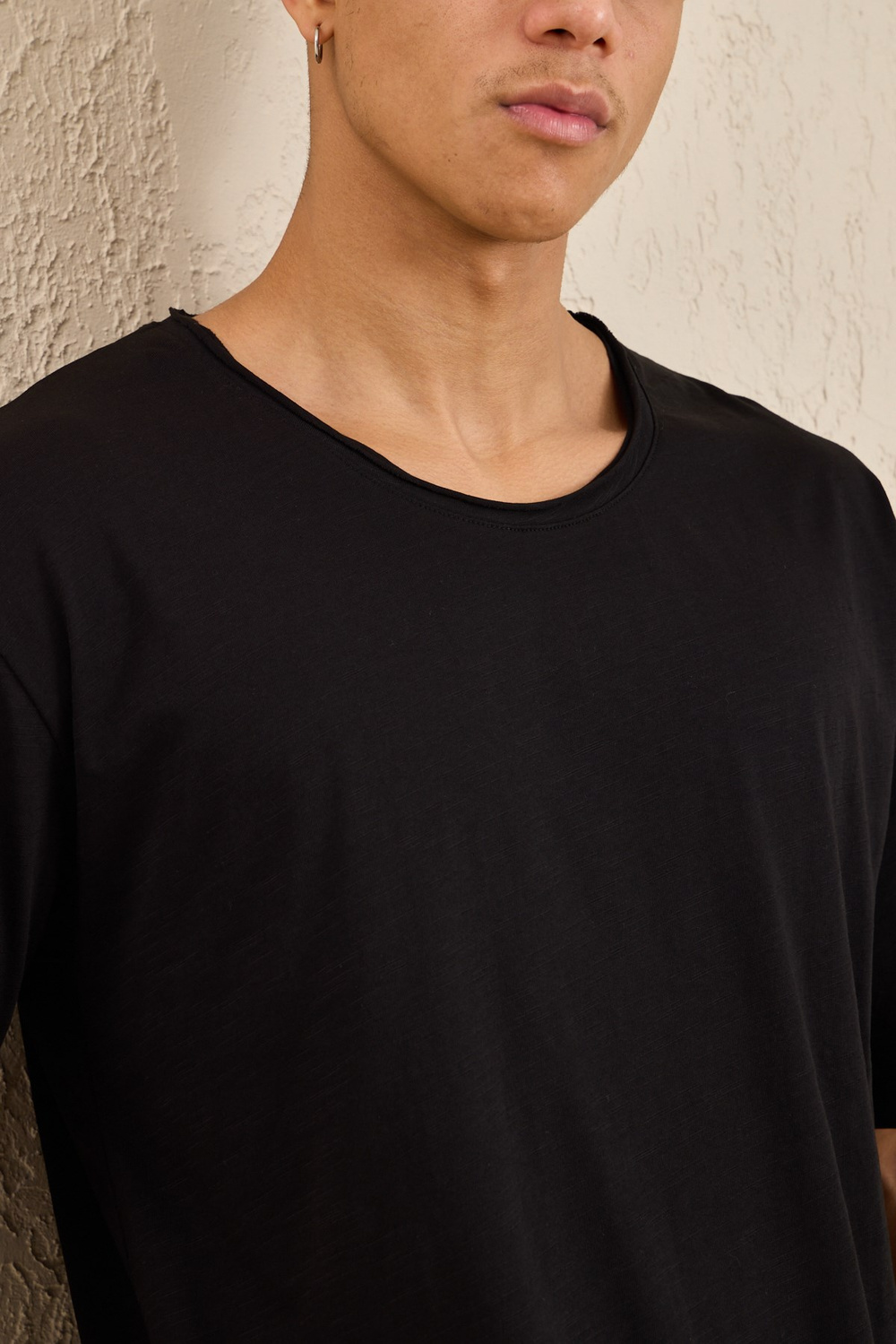 Wholesale Mens Black Relax Fit Basic T-Shirt with Raw-Edge Neckline