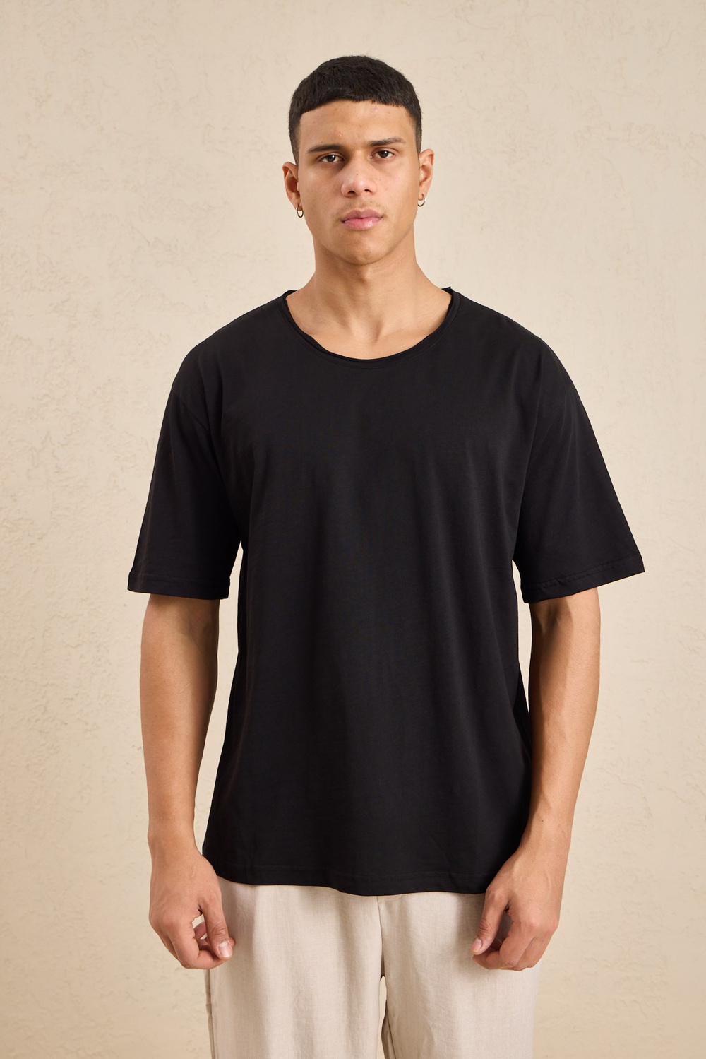 Wholesale Mens Black Relax Fit Basic T-Shirt with Raw-Edge Neckline