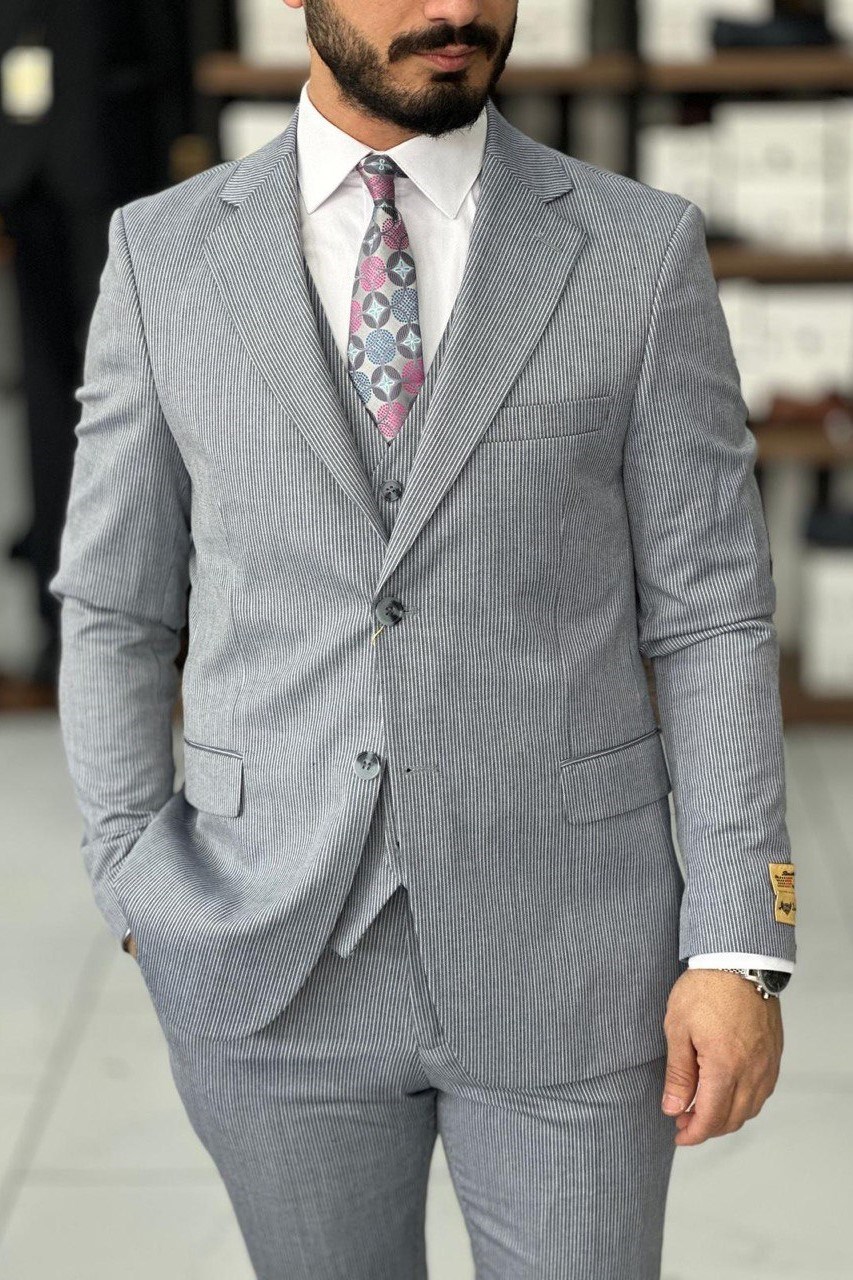 Wholesale Men's Blue Gray Plus Size Three-Piece Suit 1744W26-031