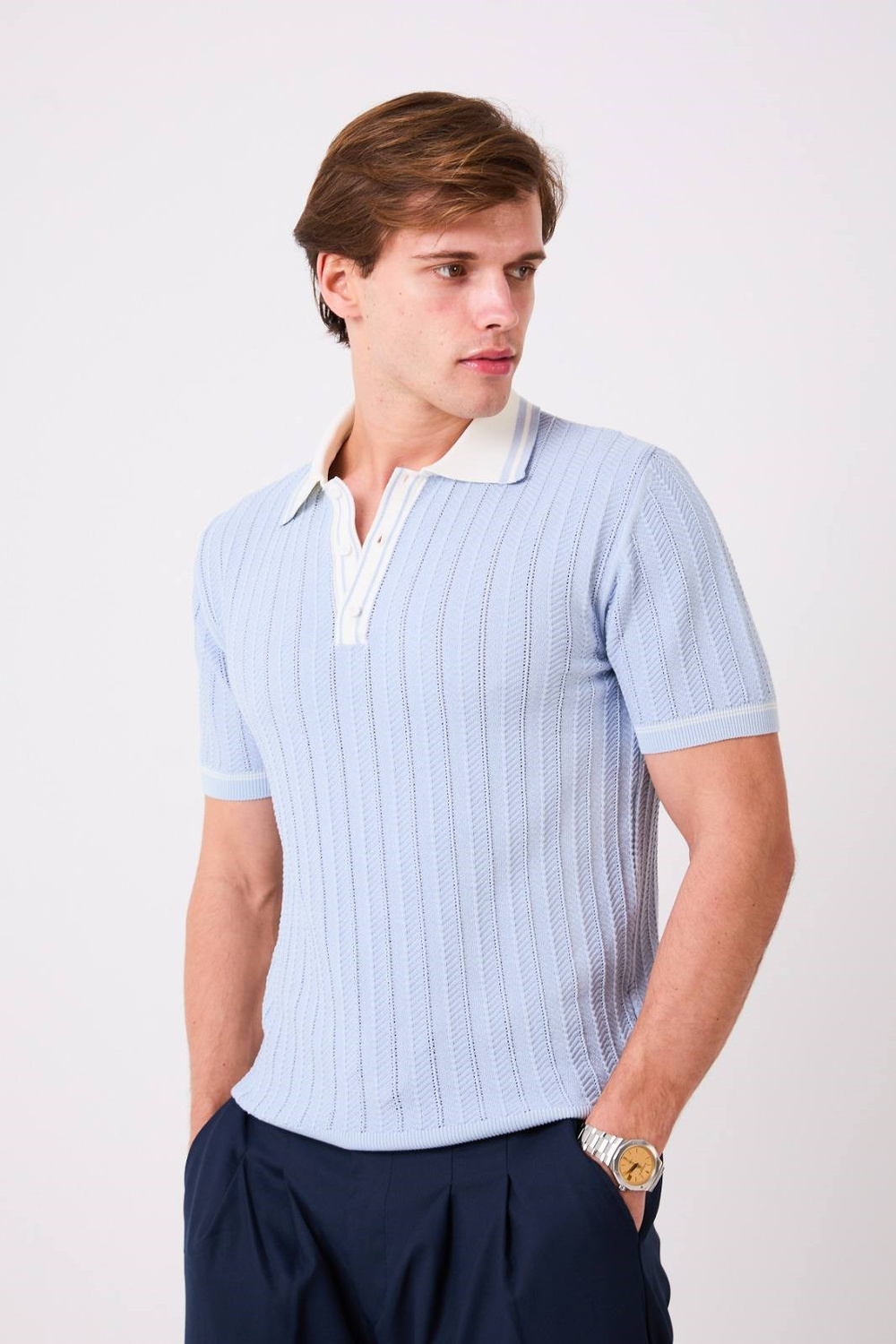 Wholesale Mens Blue Knit Polo T-Shirt