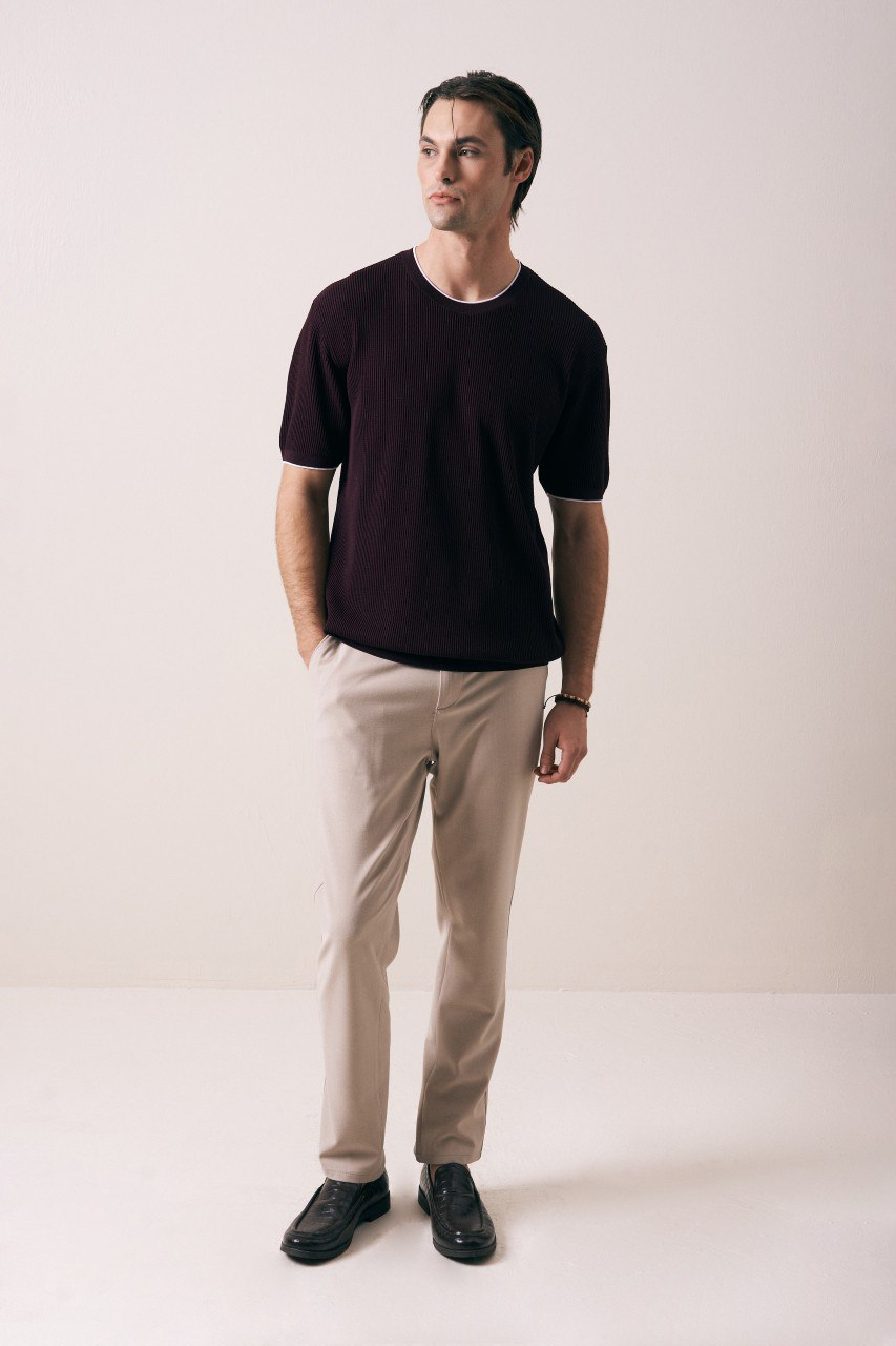 Wholesale Mens Bordeaux Knit Crew-Neck T-Shirt