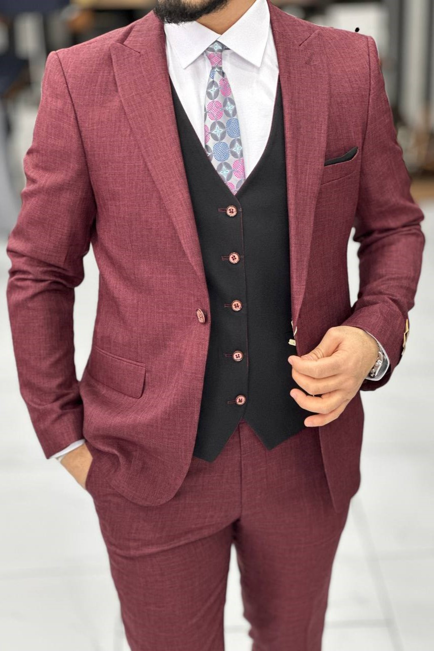 Wholesale Men's Bordeaux Plus Size Three-Piece Suit 1744W26-018