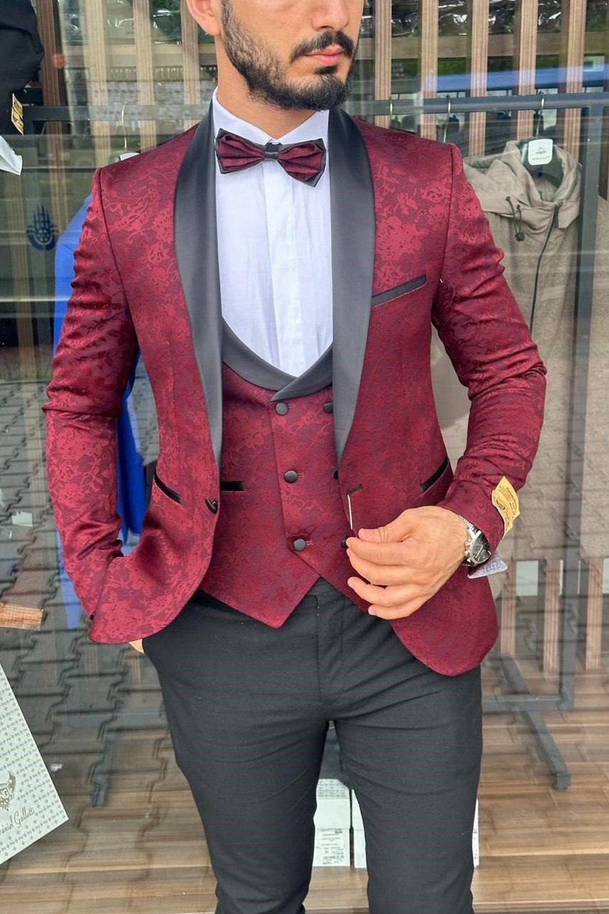 Wholesale Men's Bordeaux Plus Size Three-Piece Suit 1744W26-005