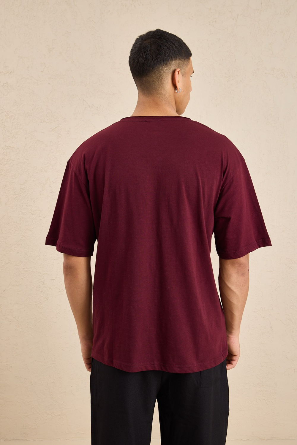 Wholesale Mens Bordeaux Relax Fit Basic T-Shirt with Raw-Edge Neckline