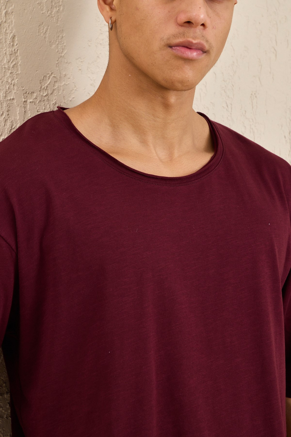 Wholesale Mens Bordeaux Relax Fit Basic T-Shirt with Raw-Edge Neckline