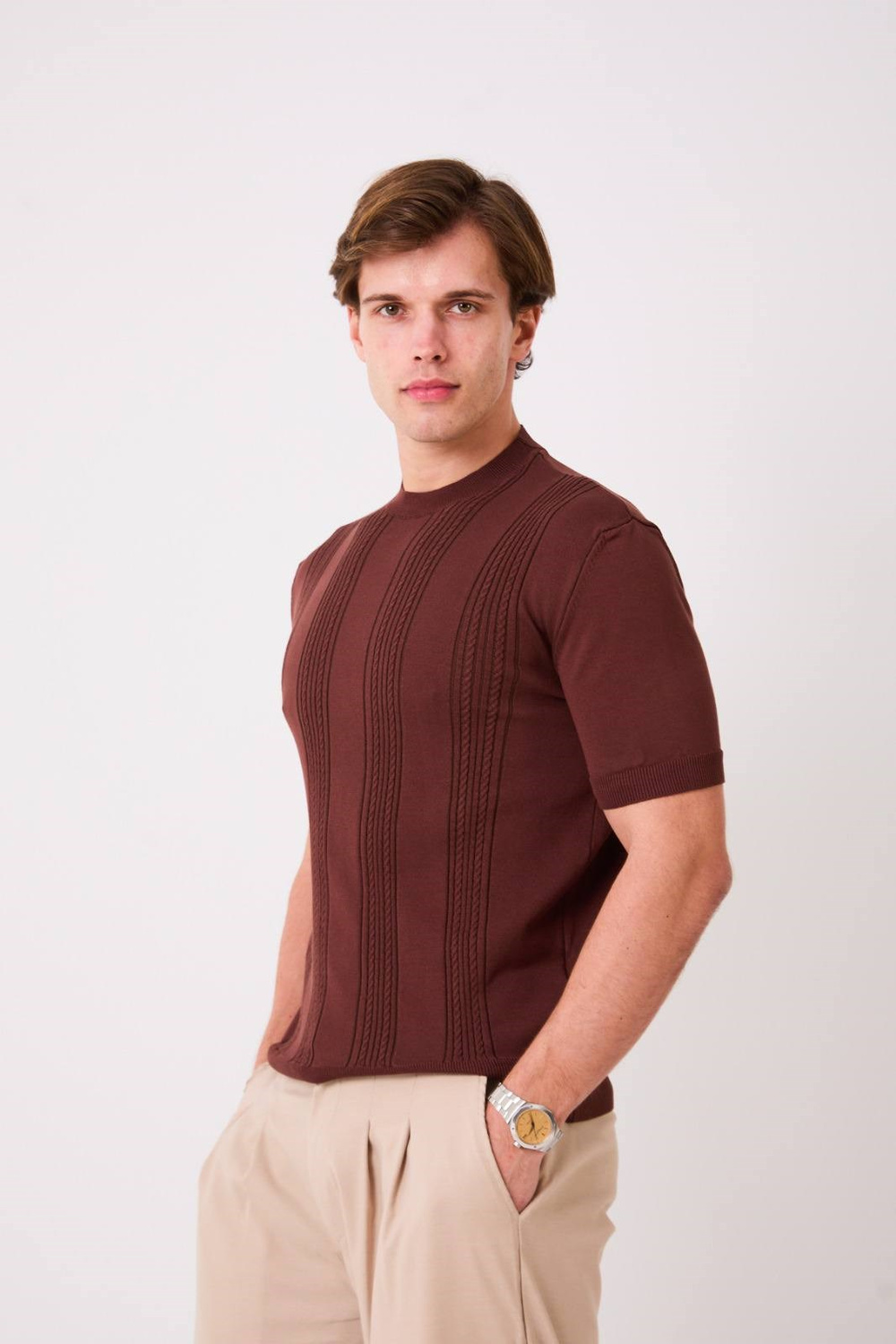 Wholesale Mens Brown Knit Crew-Neck T-Shirt