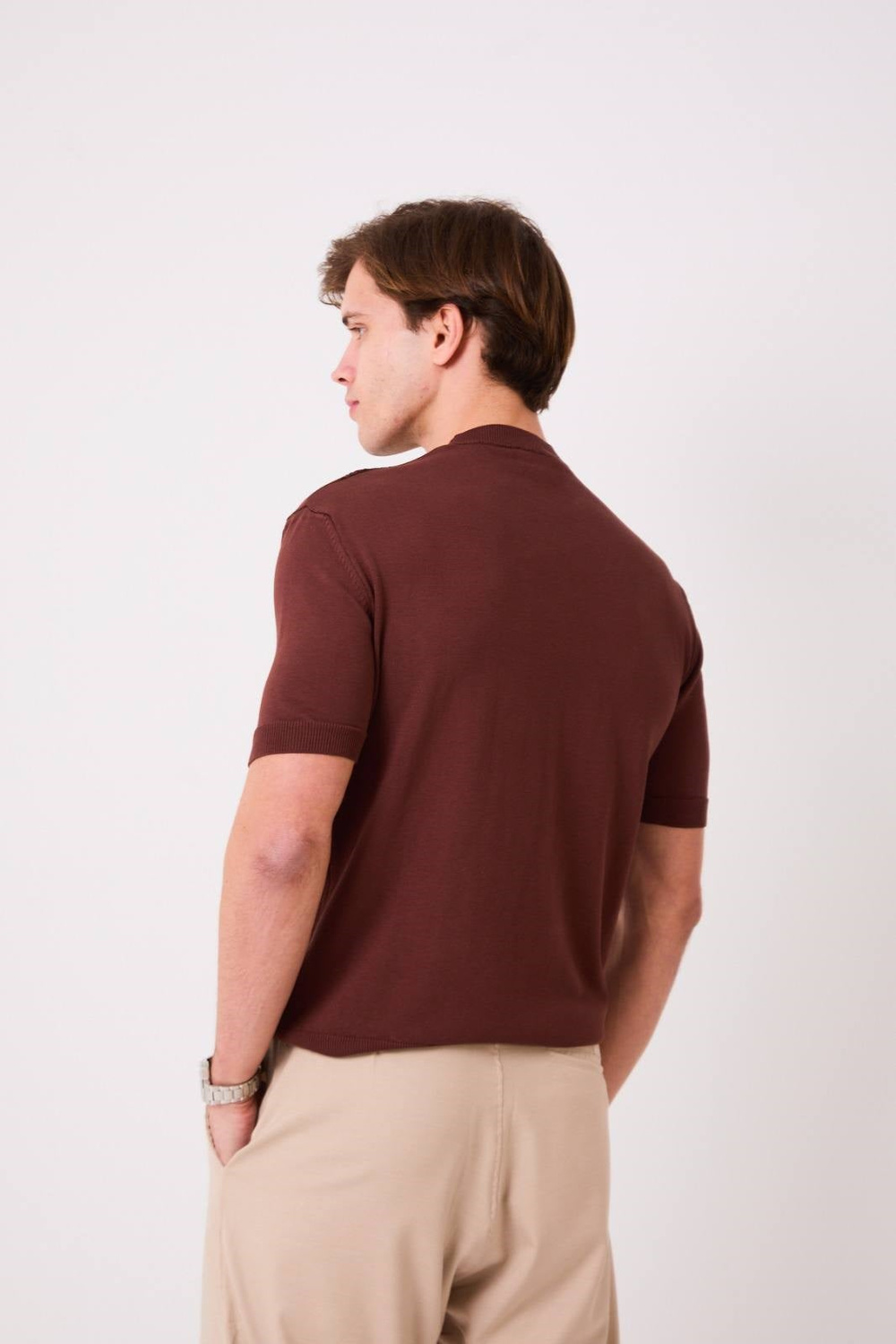 Wholesale Mens Brown Knit Crew-Neck T-Shirt