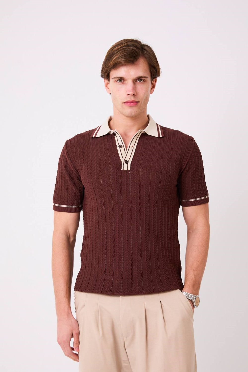 Wholesale Mens Brown Knit Polo T-Shirt