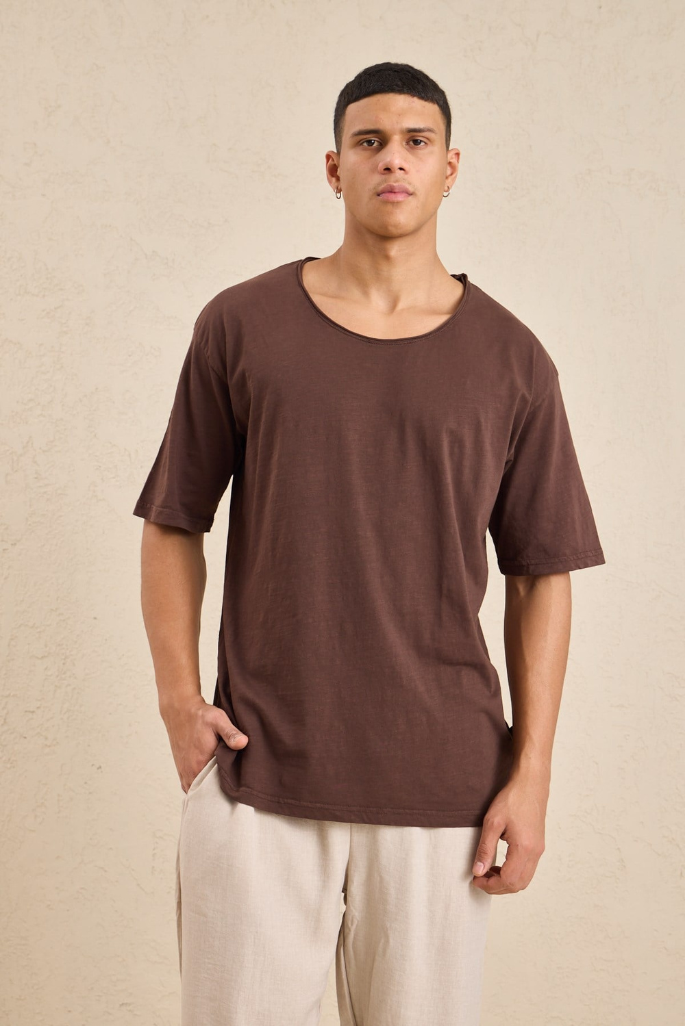 Wholesale Mens Brown Relax Fit Basic T-Shirt with Raw-Edge Neckline