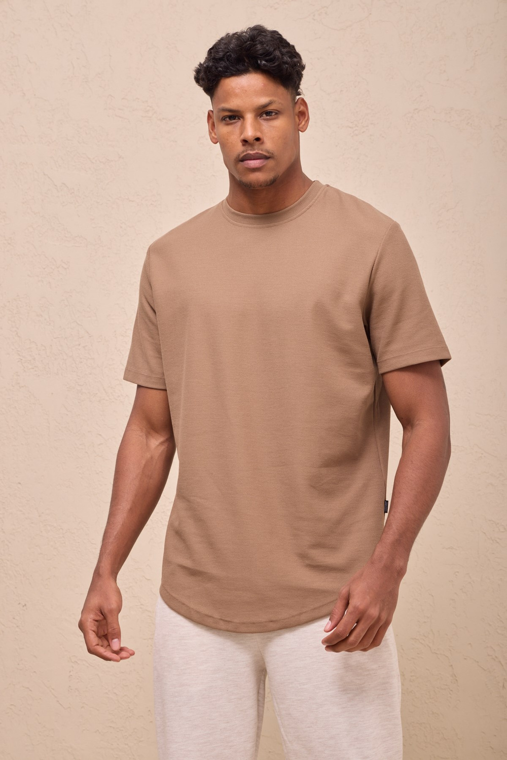 Wholesale Mens Camel Regular Fit Double-Knit Crew-Neck T-Shirt