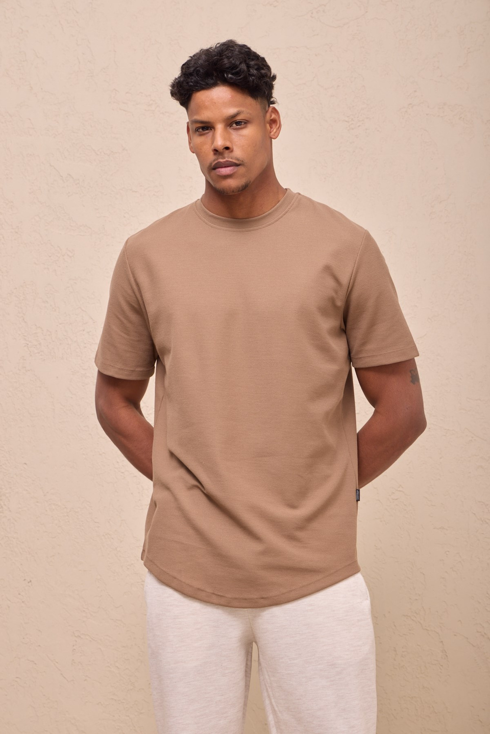 Wholesale Mens Camel Regular Fit Double-Knit Crew-Neck T-Shirt