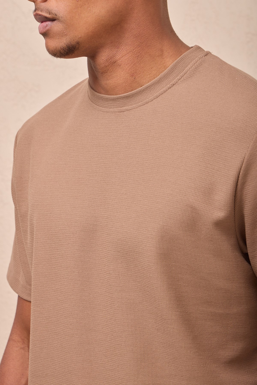 Wholesale Mens Camel Regular Fit Double-Knit Crew-Neck T-Shirt