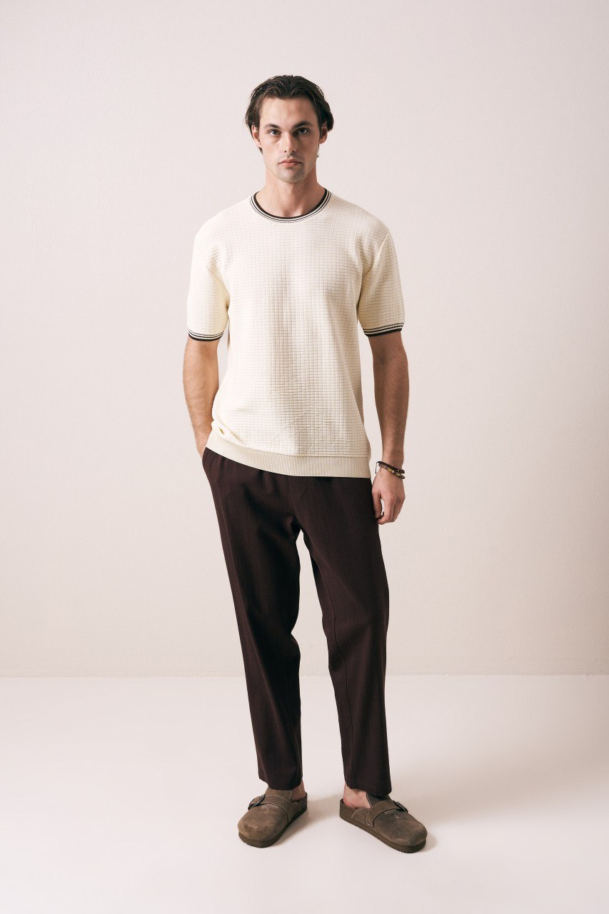 Wholesale Mens Cream Knit Crew-Neck T-Shirt