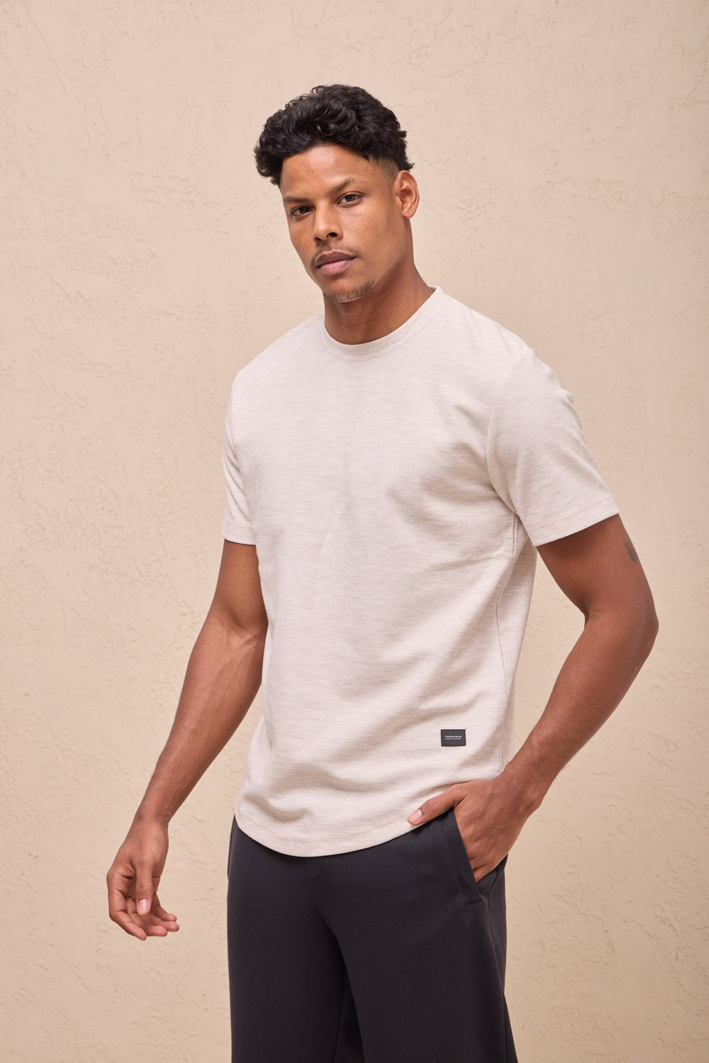 Wholesale Mens Cream Regular Fit Double-Knit Crew-Neck T-Shirt