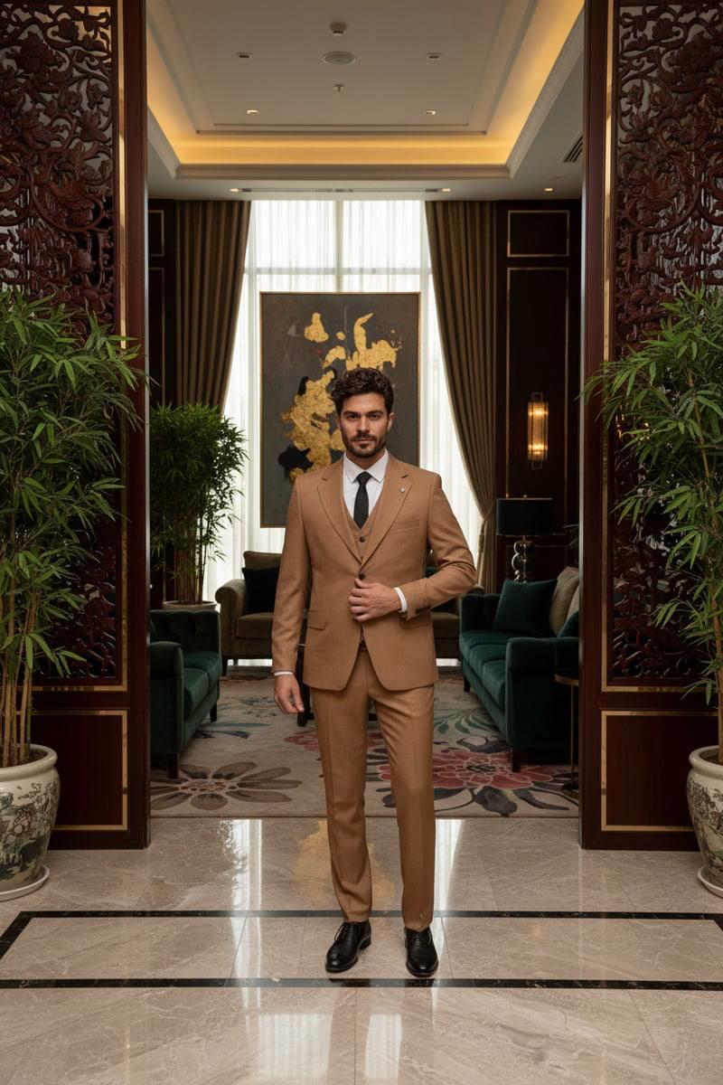 Wholesale Men's Dark Beige Three-Piece Suit 1701W26-023