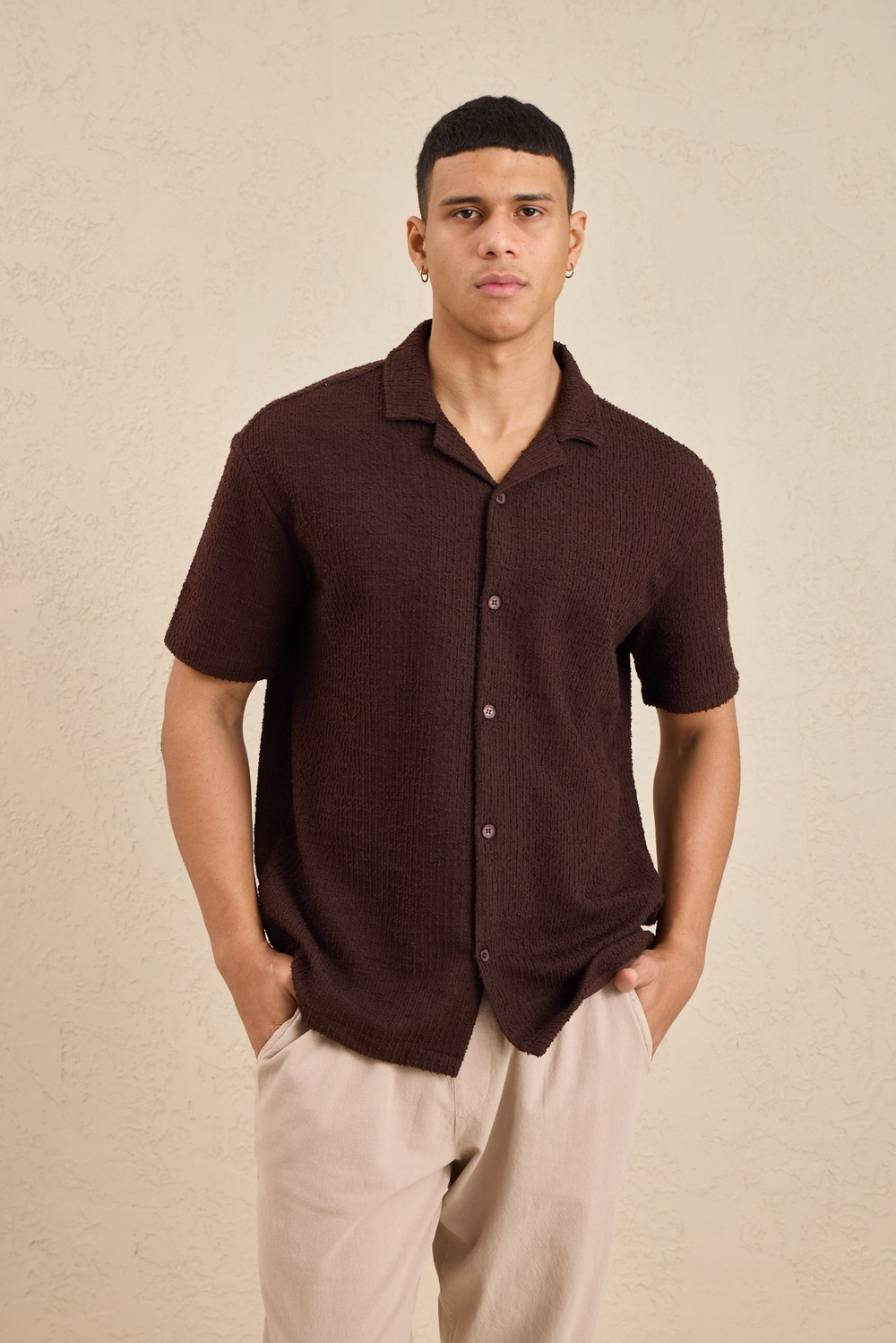 Wholesale Mens Dark Brown Resort Collar Slub Knit Shirt