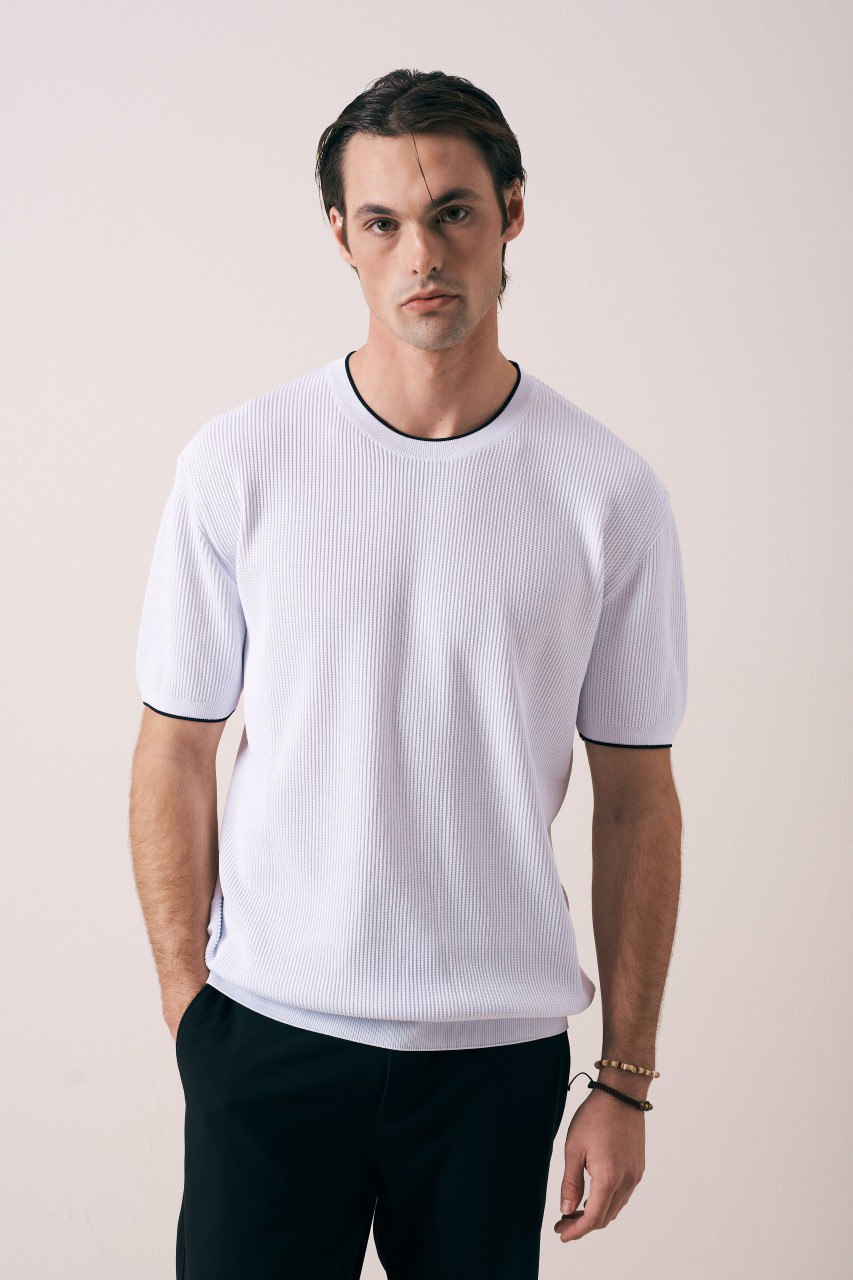Wholesale Mens Ecru Knit Crew-Neck T-Shirt