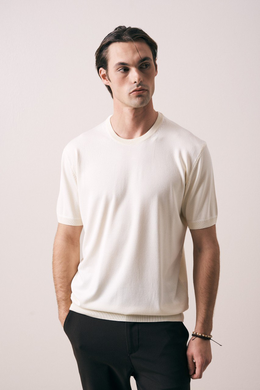 Wholesale Mens Ecru Knit Crew-Neck T-Shirt