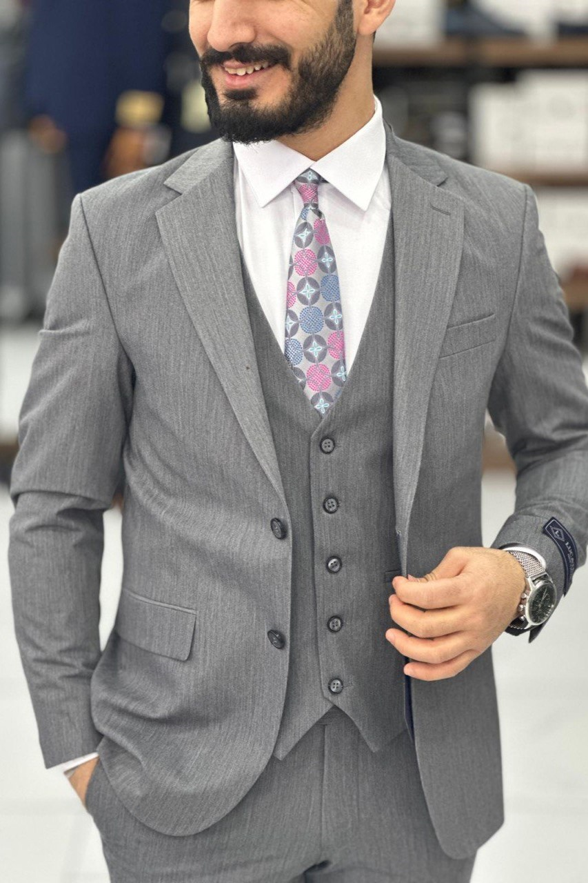 Wholesale Men's Gray Melange Plus Size Three-Piece Suit 1744W26-020