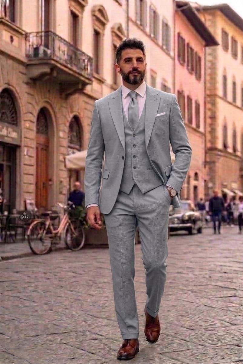 Wholesale Men's Gray Melange Three-Piece Suit 1701W26-107