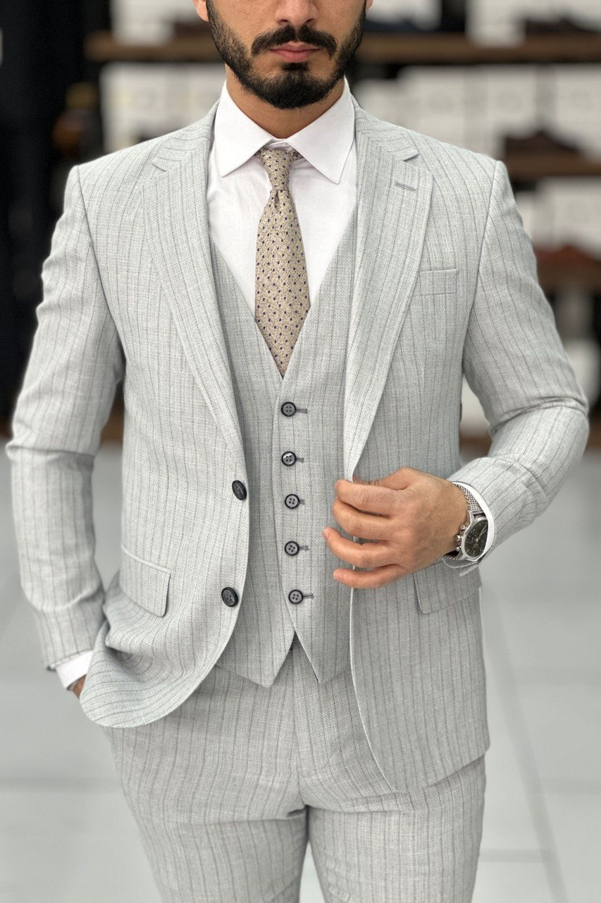 Wholesale Men's Gray Melange Three-Piece Suit 1744W26-032