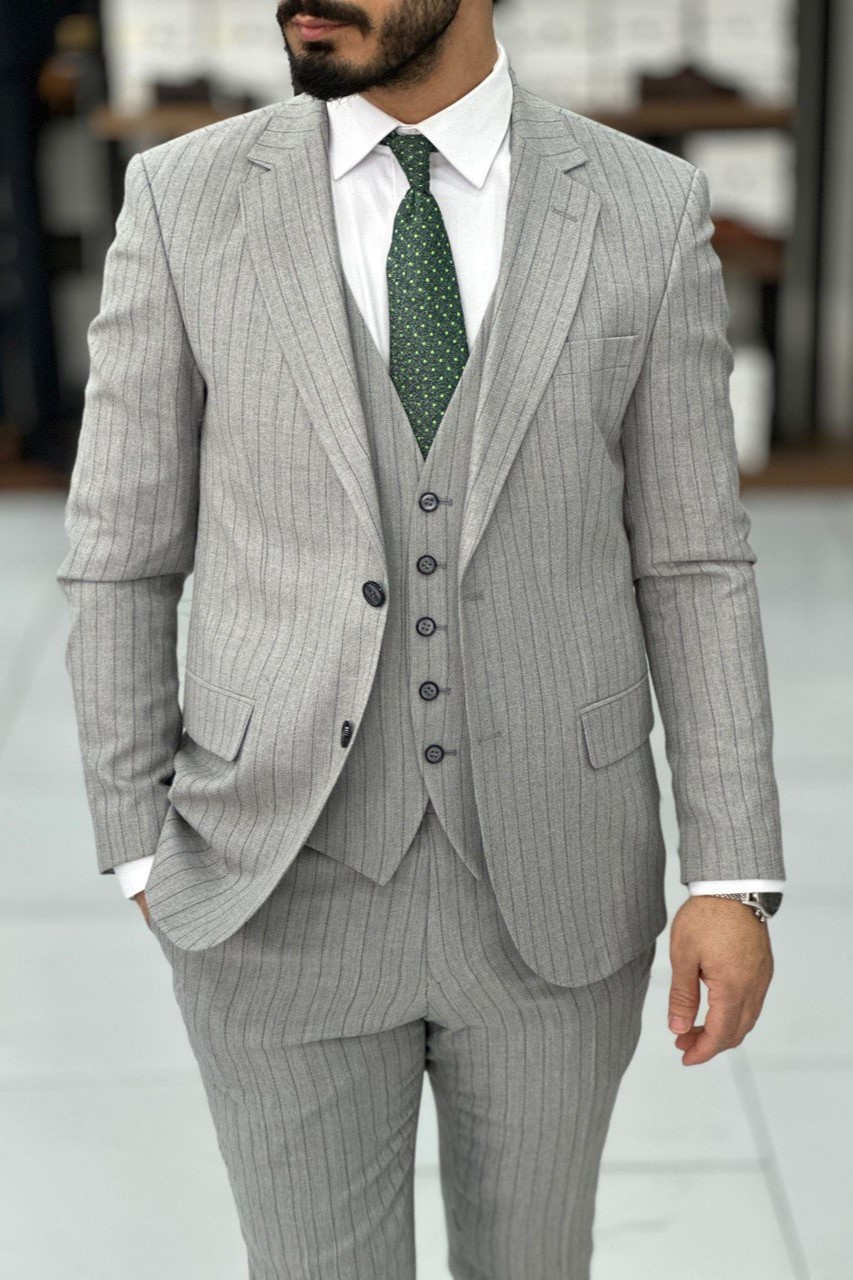 Wholesale Men's Gray Melange Three-Piece Suit 1744W26-032