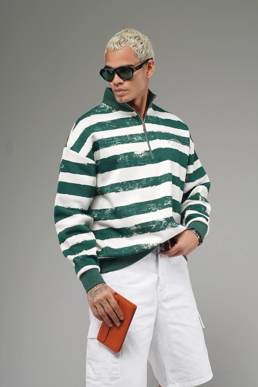 Wholesale Mens Green Oversized Striped Sweatshirt 
