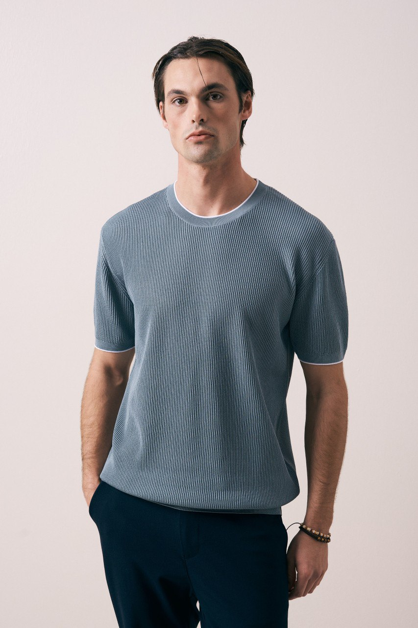 Wholesale Mens Indigo Knit Crew-Neck T-Shirt