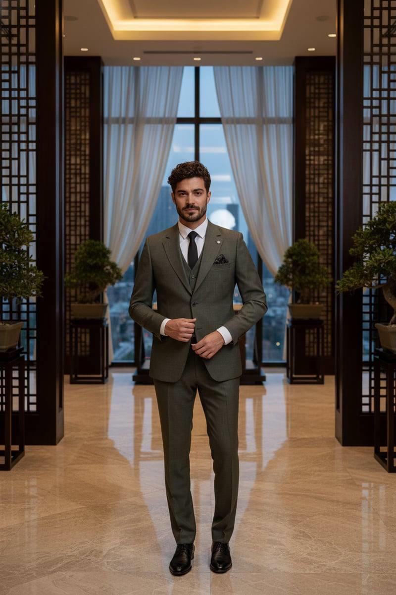 Wholesale Men's Khaki Three-Piece Suit 1701W26-023