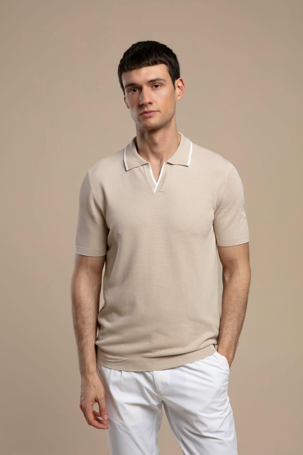 Wholesale Mens Light Beige Knit Polo T-Shirt