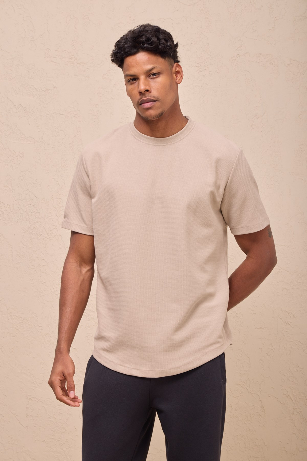 Wholesale Mens Light Beige Regular Fit Double-Knit Crew-Neck T-Shirt