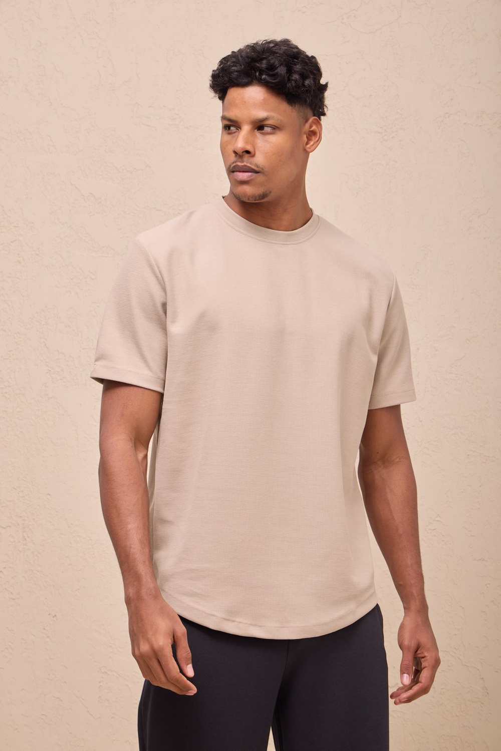 Wholesale Mens Light Beige Regular Fit Double-Knit Crew-Neck T-Shirt